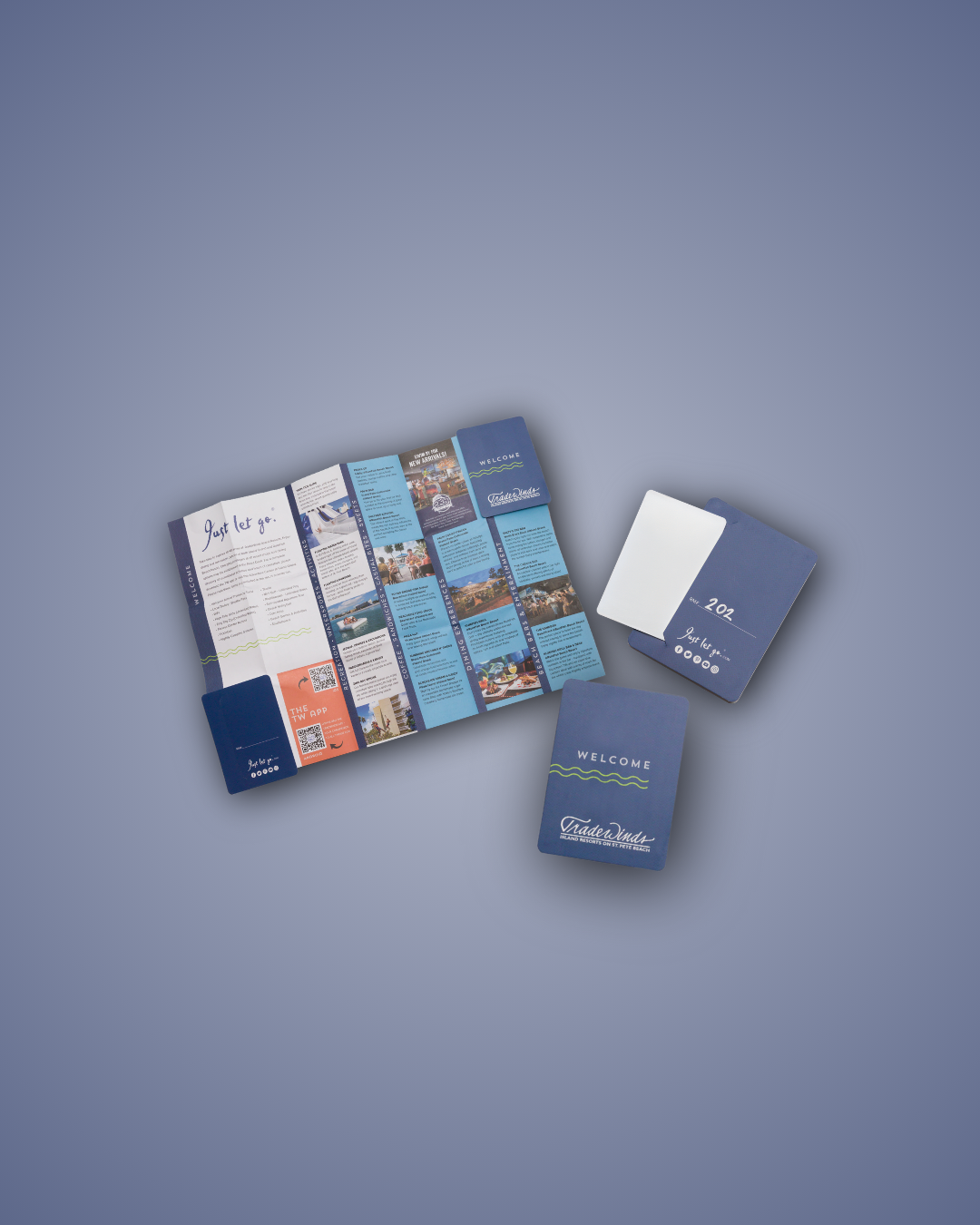 PocketMaps hotel guide and key card holder set against a gradient blue background, showcasing a compact and informative design for enhancing guest experiences